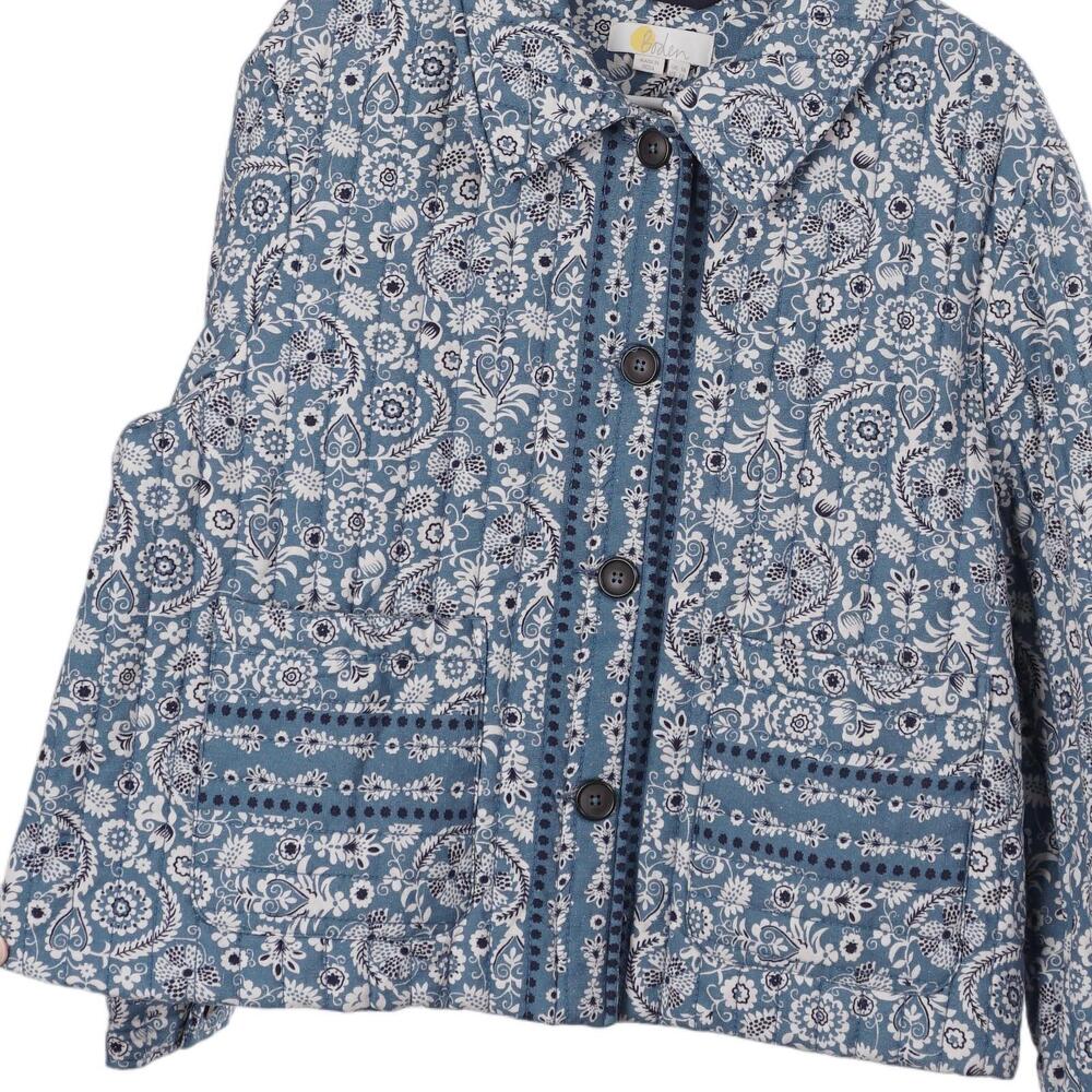 Boden Quilted Jacket Women 12 Blue Floral Cotton Linen Button Up Pockets Casual - Picture 4 of 9